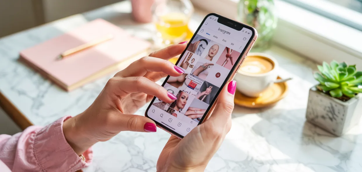 Téléphone avec interface Instagram ouverte, mains aux ongles soignés — lumière naturelle douce