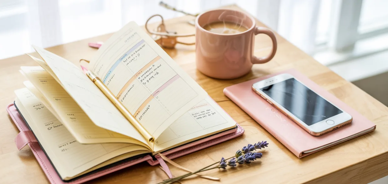 Agenda ouvert sur un planning annuel, stylo doré, café — vision stratégique féminine et inspirante