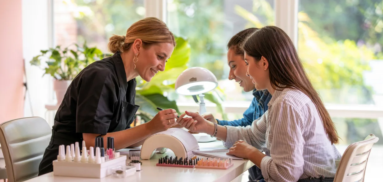Professionnelle enseignant à un petit groupe de femmes — ambiance studio de beauté lumineux