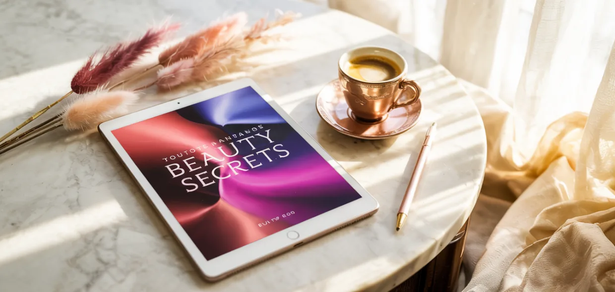 Tablette affichant un ebook de beauté — arrière-plan cosy et féminin, lumière chaleureuse dorée